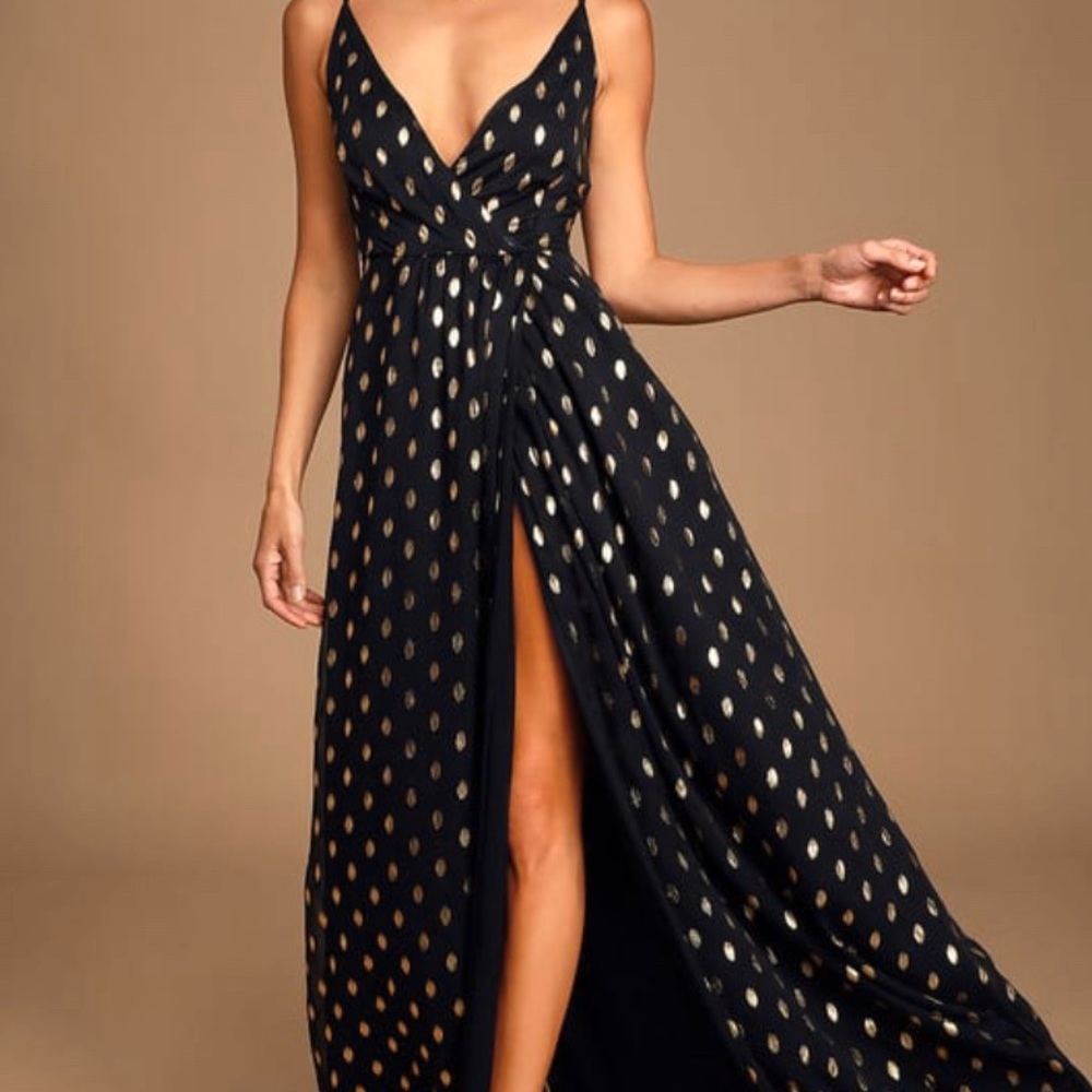 Lulus galaxy gold and black polka dot dress